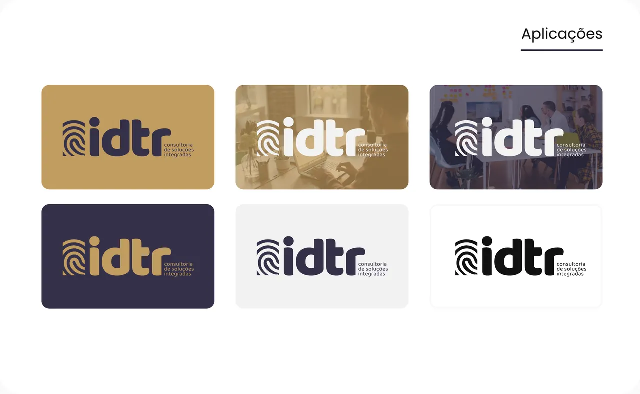 Seis aplicações do logo: sobre dourado, sobre lilás, sobre fotos, sobre cinza claro e sobre branco.