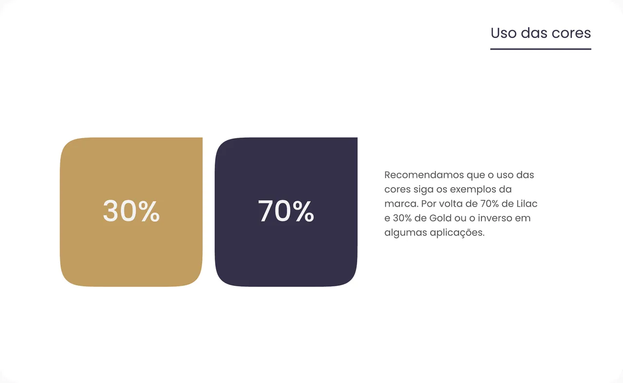Uso das cores no guia: 70% de lilás e 30% de dourado.