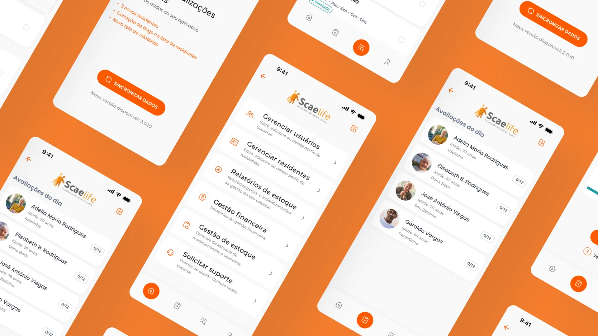 Várias telas do aplicativo Scaelife inclinadas sobre fundo laranja: avaliações do dia, menu de gestão e sincronização de dados.