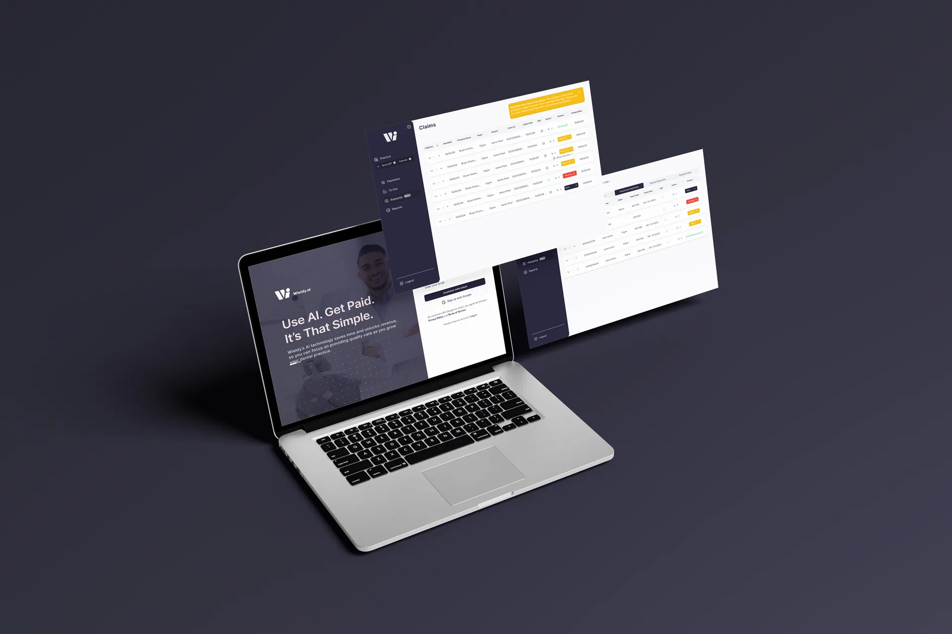 Notebook com a página de acesso da Wieldy, que diz Use AI. Get Paid. It’s That Simple. Ao lado, duas telas flutuando com a lista de pedidos e os pagamentos de seguradoras.