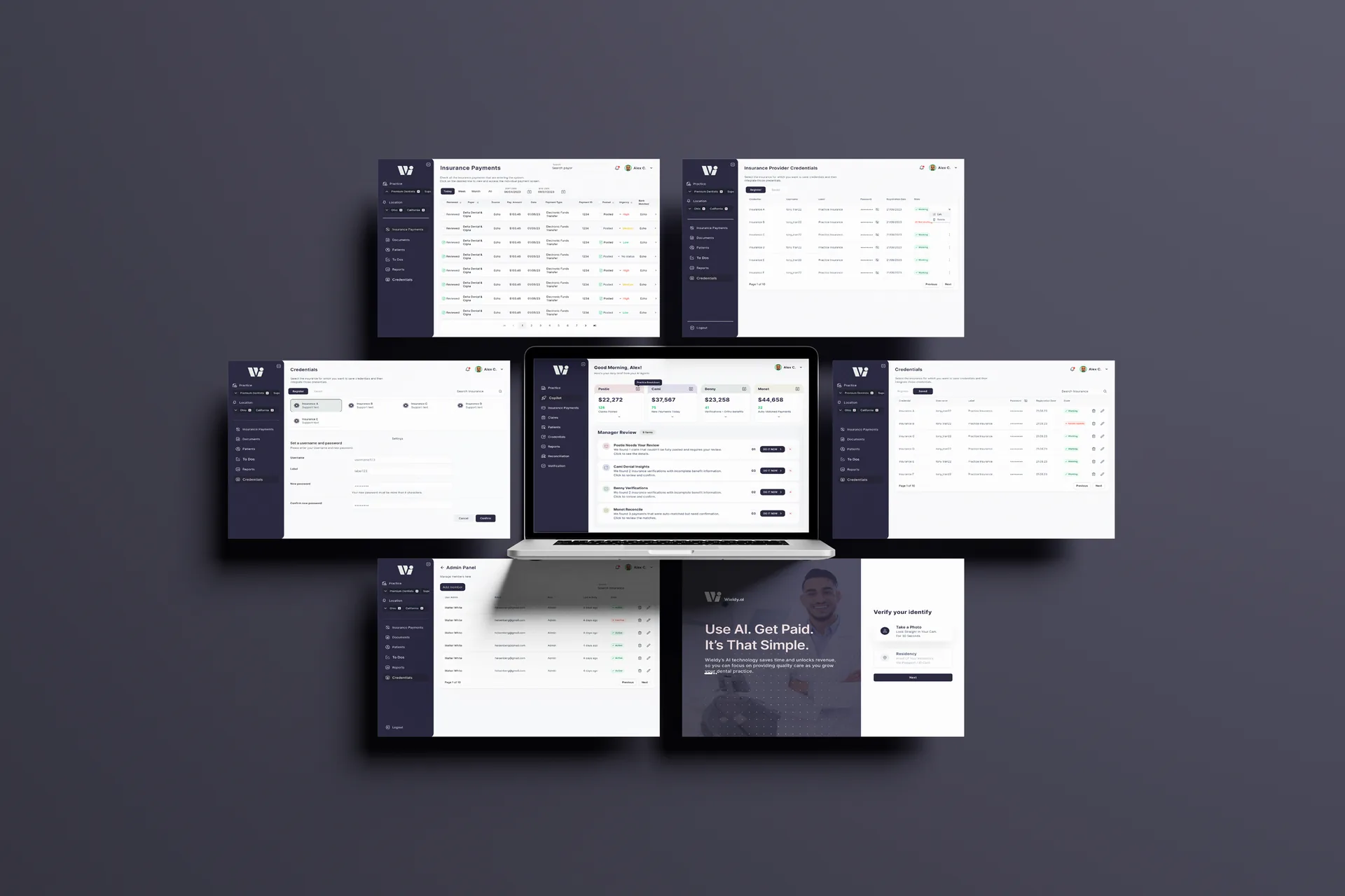 Sete telas da Wieldy em volta de um notebook: pagamentos de seguradoras, credenciais das seguradoras, painel inicial com as tarefas dos agentes de IA, painel de administração e verificação de identidade.